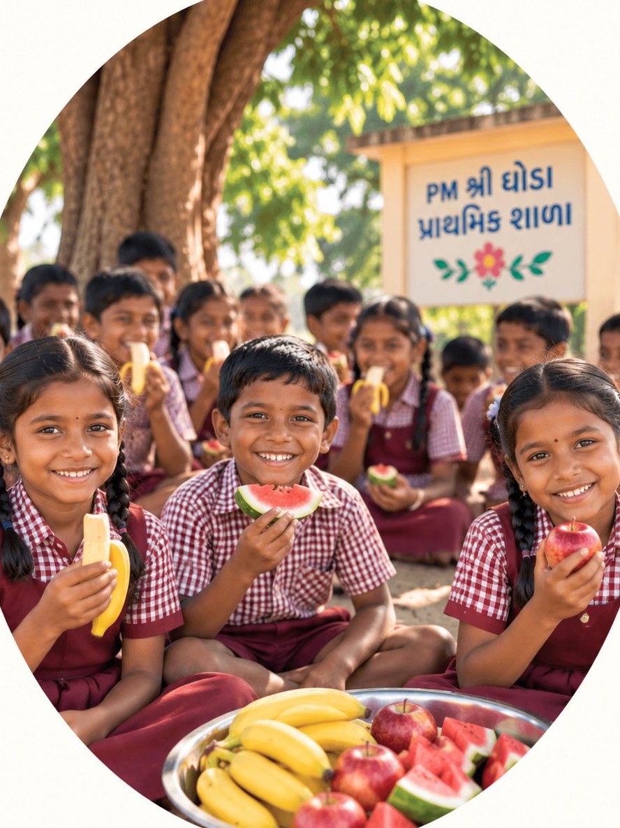 Children in PM SHRI Ghoda Primary School maroon-and-checkered uniforms sharing fresh fruit under a tree
