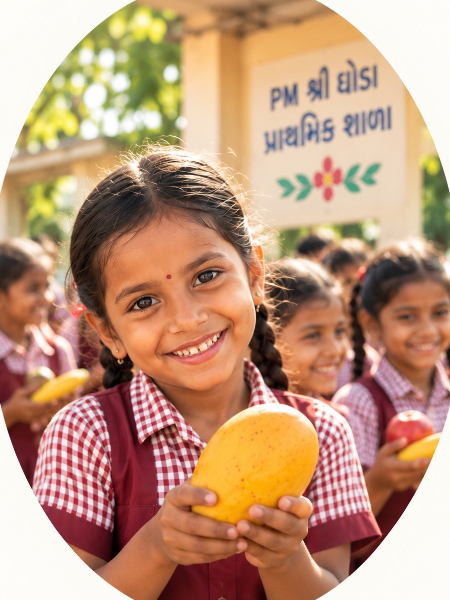 A smiling schoolgirl at Ghoda Primary School in Gujarat holding a fresh mango